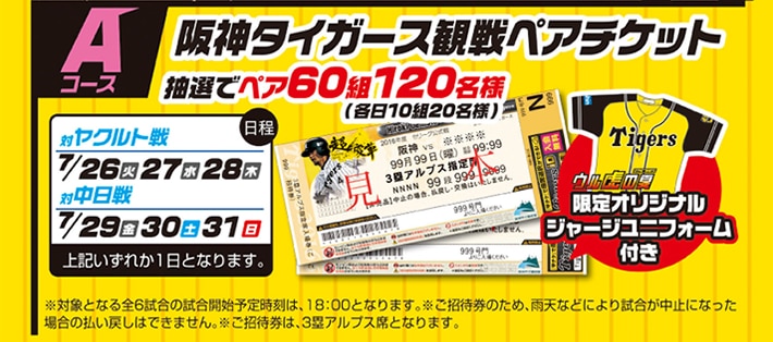 Aコース 阪神タイガース観戦ペアチケット　抽選でペア60組120名様（各日10組20名様）